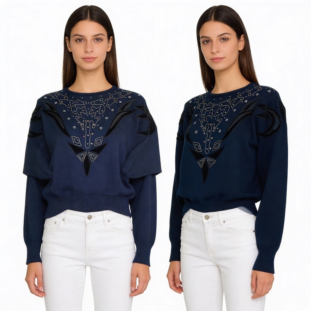 COSCOB Vintage Navy Blue Beaded Sequin Velour Sweater Size M